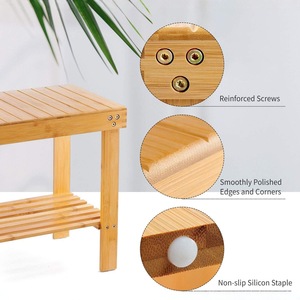 Banc de salle de bain en bambou avec étagère de rangement, tabouret de douche en bois à 2 niveaux pour salle de bain - Product Image 2