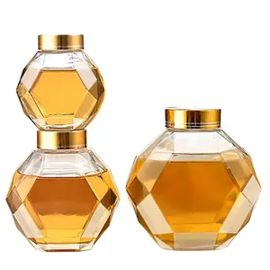Airtight Irregular Polyhedron Honey Glass Bottles Food Storage Jam Jars With Screw Lid Customized Size Palm Oil Packaging