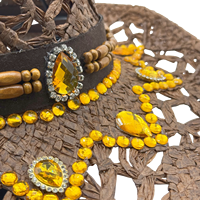 Chapeau de cowboy de luxe jaune en strass, ajouré, avec perles en bois et bande en cuir, pour adultes, idéal pour les fêtes personnalisées et le Burning Man, vente en gros