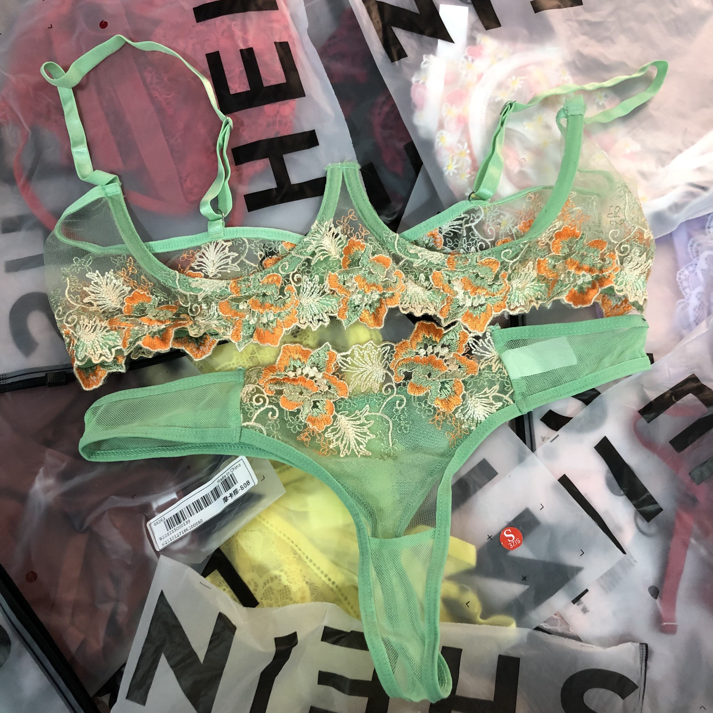 Wholesale Transparent Floral Lace Embroidery Sexy Underwear Panties and Bra Women Big Size Bra Set Lingerie With Butterfly