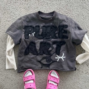 T-shirt en coton délavé à l'acide, broderie usée, streetwear personnalisé, surdimensionné, deux pièces, manches longues, double couche, pour hommes - Product Image 1