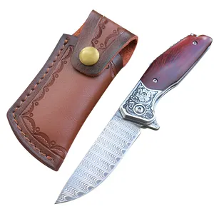 Popular Damascus steel folding pocket knife hunting tactical defense outdoor EDC tools with wooden handles