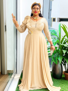 Robe de soirée grande taille en mousseline de soie perlée, col en V, manches longues, coupe trapèze, longueur ras du sol, pour occasions formelles - Product Image 1