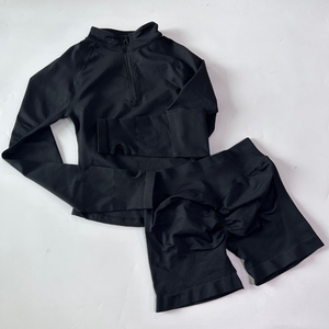 DCK-903 2pcs Long Sleeve Yoga Set <strong>Women</strong> Half Zippy Jacket Longline Sports Top Gym <strong>Shorts</strong> Fitness <strong>Suits</strong> Running Coats Workout Set - Product Image 6
