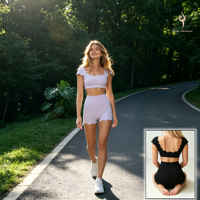 Ensembles de sport 2 pièces pour femmes, style yoga festonné, avec brassière de sport à découpes et short taille haute, doux et extensible, pour la gym, la course et les activités sportives