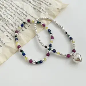 Carline Fashion Designer Natural Stone Beads Heart Pendant Bracelet 925 Sterling Silver Waterproof Bangle Jewelry for Women Lady