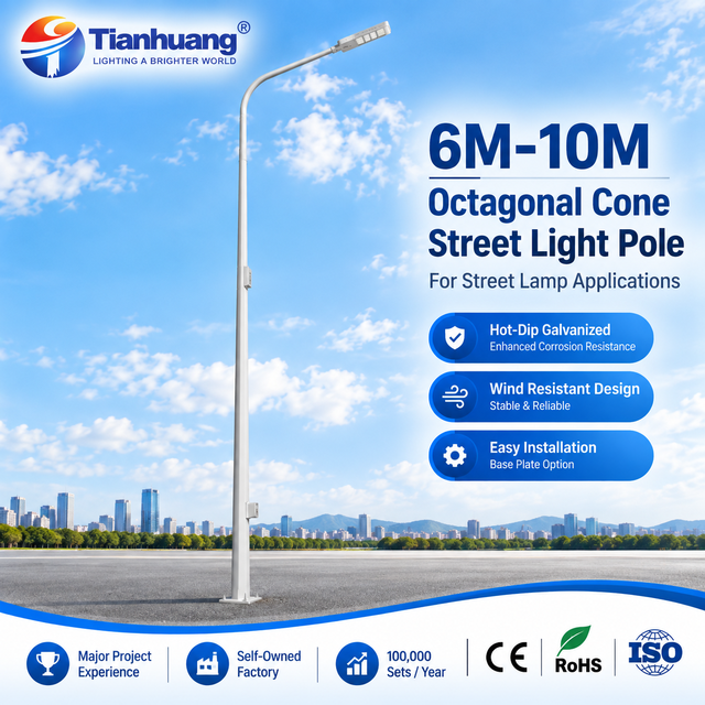 High Quality Octagonal Cone Hot Dip Galvanized Steel Folding Pole for Street Lamp Applications 6M-10M Height Easy