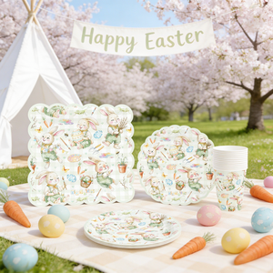 DAMAI - Vajilla de Papel para Fiesta de Pascua, Platos, Vasos y Servilletas con Diseño de Conejo Verde y Flores Primaverales, para 8 Personas - Product Image 3