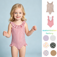 Traje de Baño de Una Pieza para Niñas Pequeñas, Rojo y Blanco a Rayas, Espalda Descubierta, con Volantes, UPF 50+