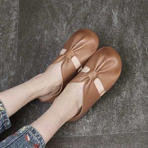 Sandalias de piel con cabeza redonda para mujer, zapatos planos con estilo japonés y suelas suaves disponibles - Product Image 4