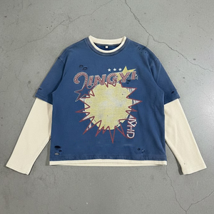 T-shirt da uomo oversize a maniche lunghe in waffle a doppio strato, con grafica personalizzata in strass, lavaggio acido effetto <span class=keywords><strong>stone</strong></span>, distressed e strappato, stile streetwear - Product Image 1