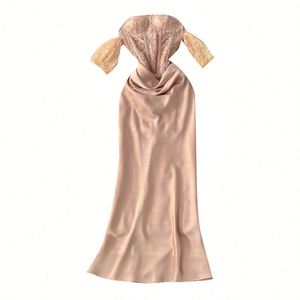 Vestido Midi Casual de Verano Elegante sin Tirantes de Encaje Tejido de Satén para Mujer, sin Mangas, con Corte Imperio, Bordado Digital 100% - Product Image 5