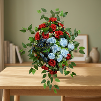 Susunan Bunga Dinding Modern Berlian Bercahaya dengan Bunga Peony Merah Tua & Biru Tua Buatan Tangan