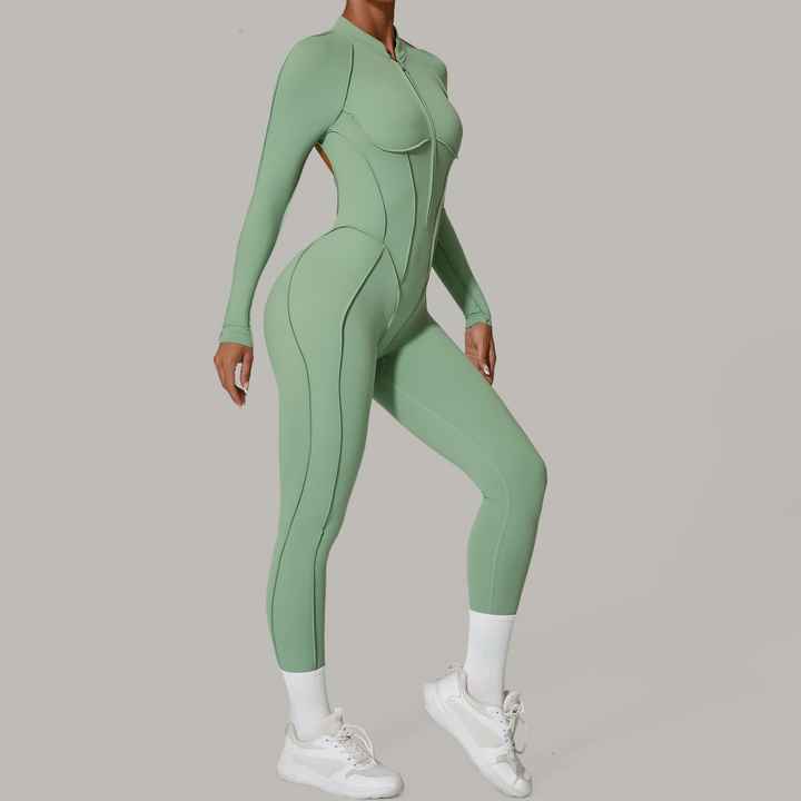 Long Sleeve Deep V Zip Up Fitness Jumpsuit- XL