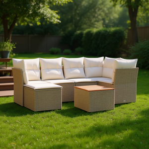 Ensemble de canapés de jardin modulaires en polyrotin beige 6 places, mobilier d'extérieur au design contemporain - Product Image 2