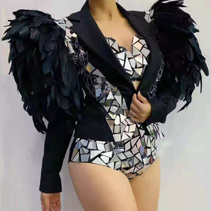 Traje de Danza del Vientre con Lente Reflectante de Concha de Pájaro, Kits de Spandex/Poliéster con Relieve, Abrigo de Plumas Dividido, Estilo Gogo, para Bailarinas de Danza del Vientre - Product Image 4