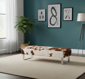 Tabouret/Ottoman moderne en lin brun capitonné, pieds en métal, design contemporain élégant, assise douce, cadre durable pour salon, bureau - Product Image 2