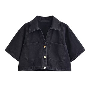 Blusa de Mezclilla Azul Casual para Mujer, Estilo Vintage con Botones, Cuello Camisero, Manga Corta, para Verano - Product Image 4