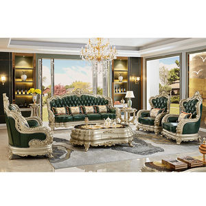 طقم أريكة كلاسيكي أوروبي من الخشب الصلب لـ 8 أشخاص، أريكة فاخرة من الجلد الأخضر مريحة لغرفة المعيشة مع خدمة تصميم مخصصة - Product Image 1