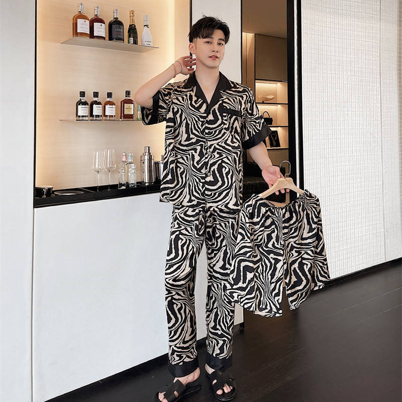 Summer Men Satin Piece Set Pyjamas Leopard Print