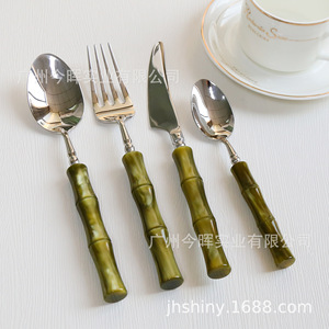 Shiny-Jh Stainless Steel Cutlery Set <b>Acrylic</b> Bamboo Handle 304 Steel <b>Mirror</b> Polished For Hotel Home Use - Product Image 4