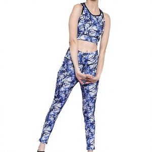 <b>Blue</b> Solid Yoga Set Mid Waist Full Length Leggings <b>Crop</b> <b>Top</b> Racerback Sleeveless Spandex/Nylon 2 Piece Customizable Workout Wear - Product Image 1