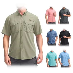 사용자 정의 로고 빈 남자 Ufff 50 버튼 다운 로얄 블루 낚시 셔츠 작업 UV 보호 반소매 폴리에스터 낚시 셔츠