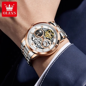 Drop Shipping OLEVS 6670 Men Watch Luxury Brand Skeleton Mechanical Watch Moon Phase Stainless Steel Watch For Man High Quality - Product Image 2