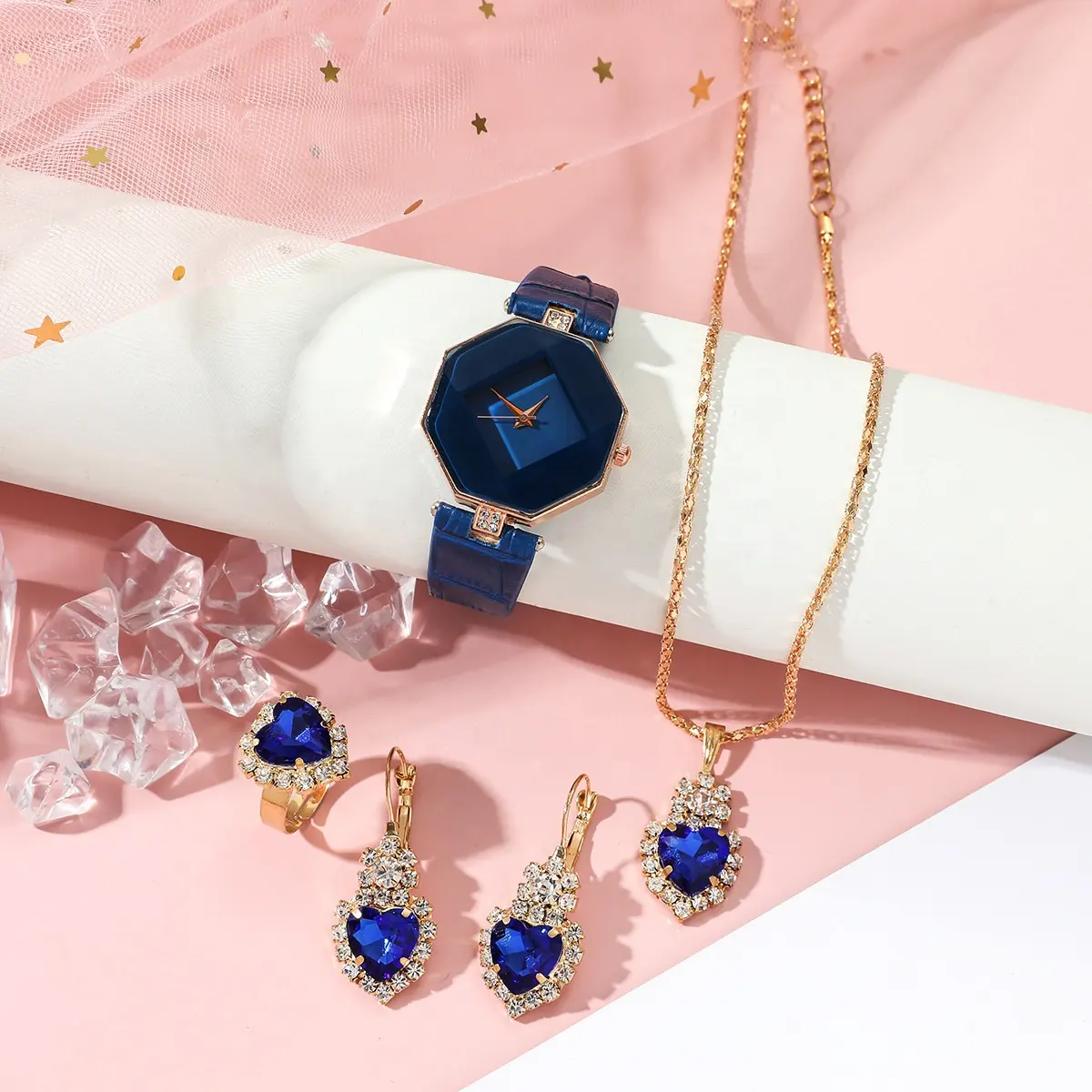 Wholesale Fashion Girl Watch Gift Set Blue Leather Lady Bracelet Watch Set Quartz Watch And Bracelet Set Women