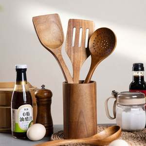 Raybin Kitchen - Juego de 5/6/10 Utensilios de Cocina, Cubertería de Madera, Cucharas de Madera para Servir Cena, Postre y Sopa, con Soporte - Product Image 2