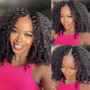 Peluca de cabello humano con parte en V, rizada y sin pegamento, sin necesidad de dejar cabello sin atender, fácil de mezclar, con clip, media onda profunda, peluca con parte en U para mujeres afroamericanas 250% - Product Image 4