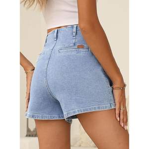 Shorts de Mezclilla de Cintura Alta con Botones y Control de Abdomen para Mujer, Corte Recto Ajustado, Color Azul Islandia, Talla 14, Hecho en China - Product Image 5