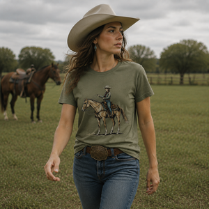 Camiseta con estampado de vaquera montando a caballo para mujer, informal, de manga corta, de algodón, con cuello redondo - Product Image 1