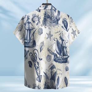 Áo Sơ Mi Nam Hawaii chủ đề hải lý tay áo ngắn mùa hè-màu xanh hải quân cổ điển tàu bạch tuộc cua thiết kế la bàn - Product Image 3