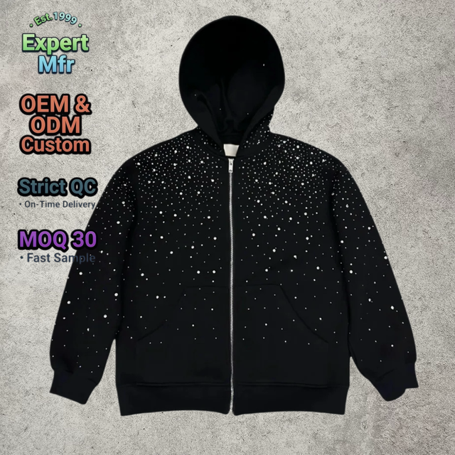 Custom Y2K Grunge Rhinestone Zip up Hoodie Men Gothic Star Crystal Heavyweight Oversized Sweatshirt Streetwear Full Zip Hoodies