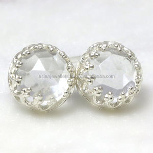 Clear <b>Quartz</b> gemstone <b>earrings</b> in 925 sterling silver handmade Gold Plated Jewelry - Product Image 1