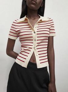 Cárdigan de punto elegante de manga corta a <span class=keywords><strong>rayas</strong></span> francesas para <span class=keywords><strong>mujer</strong></span>, camiseta informal transpirable con cuello de <span class=keywords><strong>Polo</strong></span> - Product Image 4