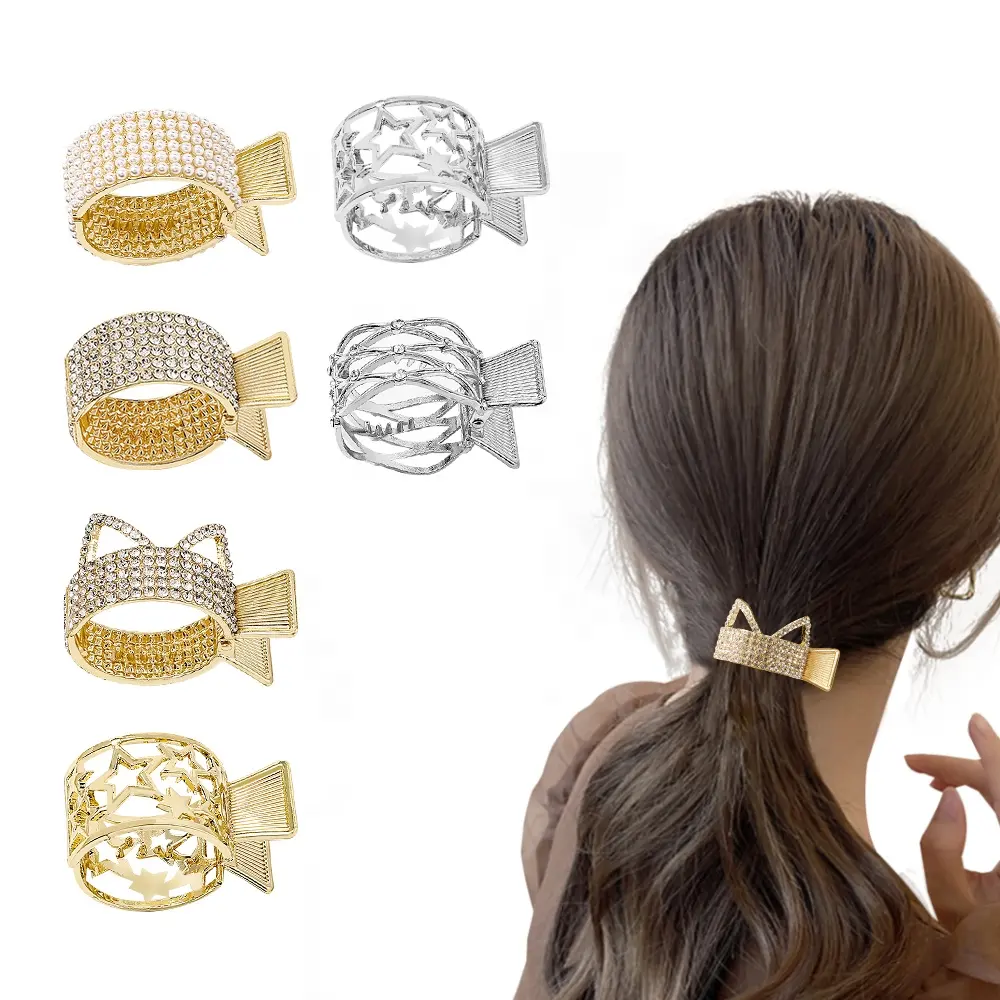 Pinza de pelo de metal para mujer, coleta de color dorado con diamantes de imitación