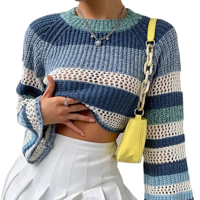 New Blue Color Block Mandarin Sleeve Pointelle Knit Crop Pullover Sweater