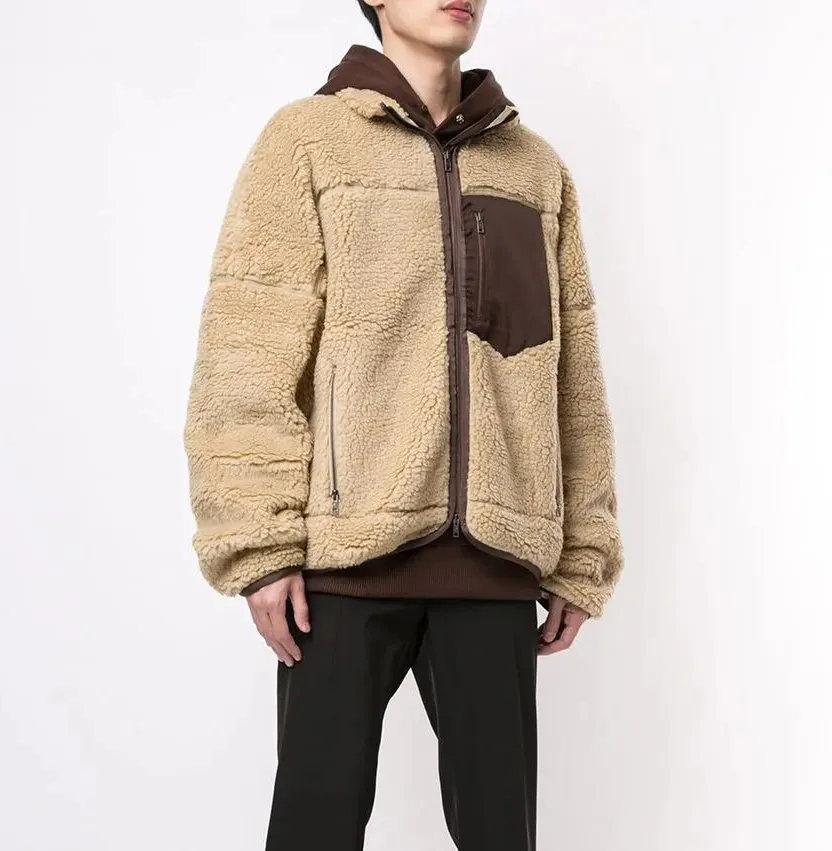 High quality outdoor thick custom embroidered logo polar sherpa fleece jacket patchwork pockets warm lamb wool men jackets