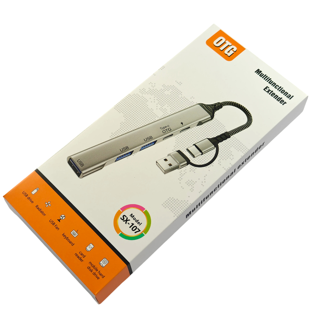 2-in-1 USB/Type-C to 5-Port USB 3.0 Hub, OTG Supported Multiport Adapter, Aluminum Alloy Portable Extender SX-107
