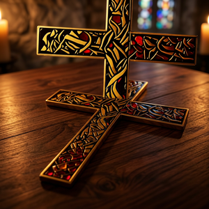 Handcrafted Engraved Marble Pillar <b>Stone</b> Cross Wall Hanging Inlaid Antique Imitation Rustic Decorative Christian Art Indian Home - Product Image 2