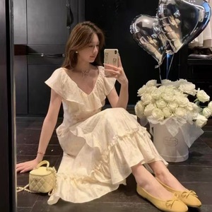 French Style V Neck Floral Print Dress With Ruffles For Women Summer Casual Long Dress Holiday Celebration Wear - Product Image 4