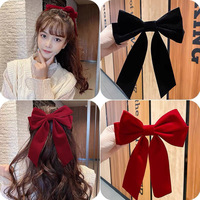 Pince à cheveux en velours avec grand nœud, style doux, faite à la main, pour femme, avec ruban rouge et noir, cadeau