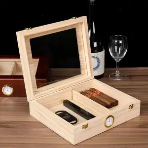 सिगार ह्यूमिडोर लकड़ी सिगार डेस्कटॉप बॉक्स, लक्जरी हाइग्रोमीटर और ह्यूमिडिफायर के लिए ग्लास टॉप, डेस्कटॉप ह्यूमिडिफायर