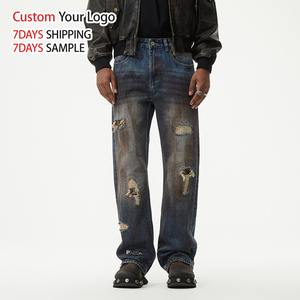 Vaqueros anchos de mezclilla de corte recto, estilo casual, lavado medio, vintage, desgastados, de alta calidad, personalizados, para venta al por mayor, estilo urbano, holgados. - Product Image 2