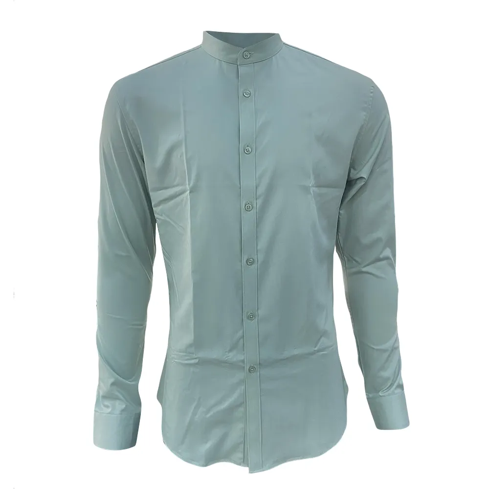 Özel OEM erkek moda Mandarin standı yaka gömlek uzun kollu günlük rahat gömlek düzenli Fit katı ofis iş gömleği