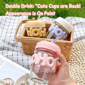 Hot verkopende schattige glazen beker, zeer esthetisch, INS-letterdesign, dubbele drinkbeker met rietje, viral stijl - Product Image 3