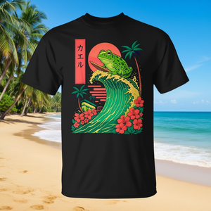T-shirt japonais Frog Surfing noir à col rond avec design graphique pour hommes et femmes, vêtements décontractés - Product Image 3