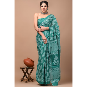 Sari de Algodón Mulmul Estampado con Blusa a Juego, Sari de Algodón Mulmul Ligero y Elegante - Cómodo para Uso Diario - Product Image 3